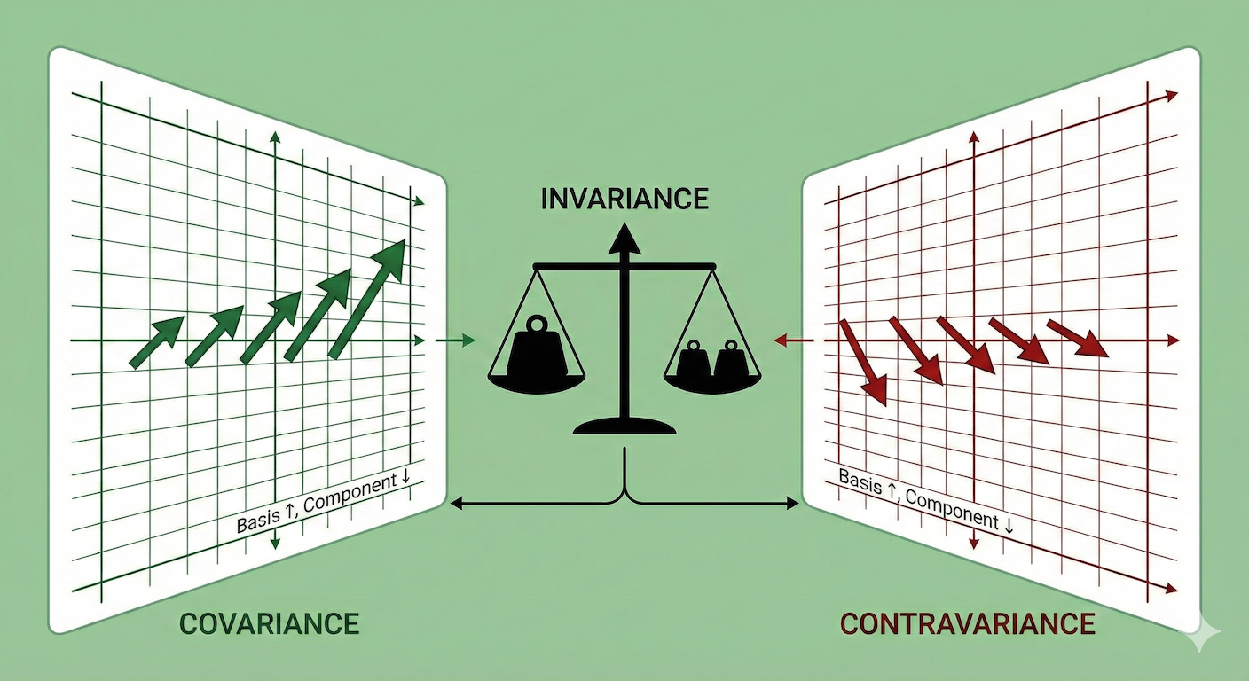 The balance of invariance maintained by compensating covariance and contravariance